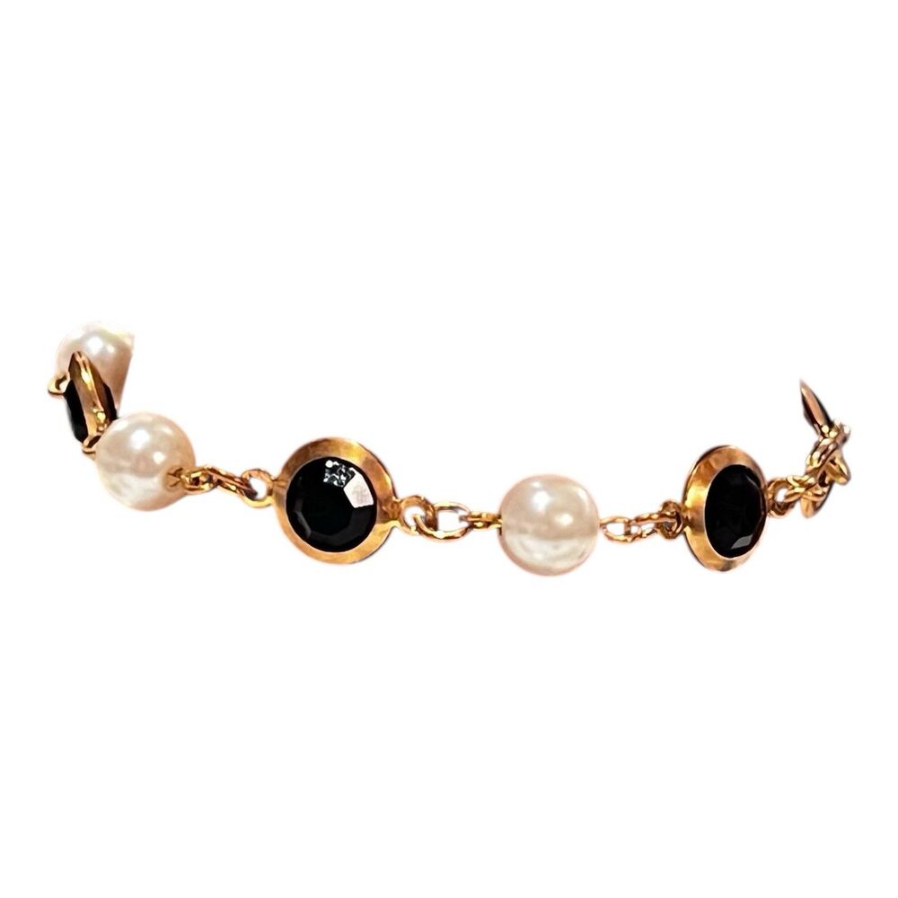 Vintage Faux Pearl & Acrylic Faceted Stones Gold Tone Bracelet Retro Mid Century - Picture 6 of 7